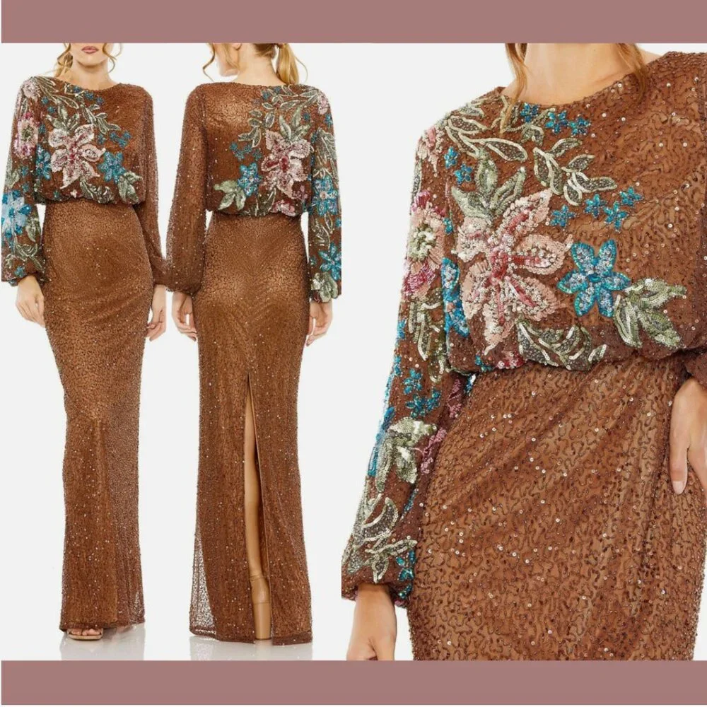 NWT $598‎ Mac Duggal [ SZ 4 ] Embellished Multicolor Floral High Neck Gown #Q768